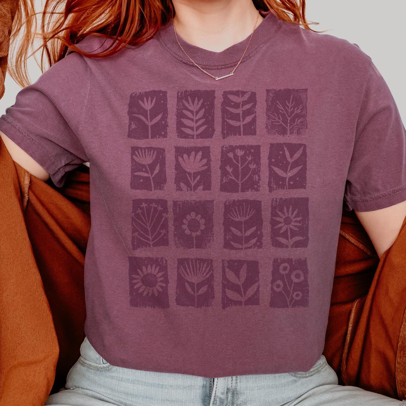 Floral Boho Nature Flowers Grid T-Shirt, Minimalist Botanical Tee 110