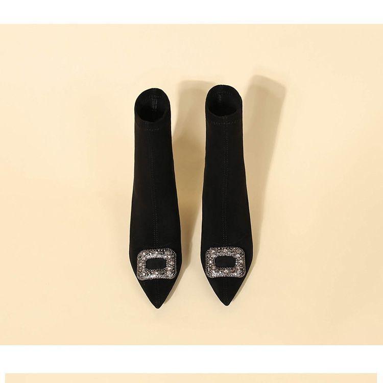 Children's rhinestone fine heel suede black pointed fleece elastic boots light luxury