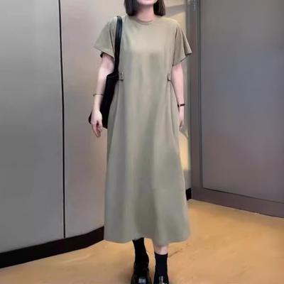 Women Midi Dress Round Neck Short Sleeve Waist-hugging Design Casual Dress Solid Color Loose Fit Summer Dress
