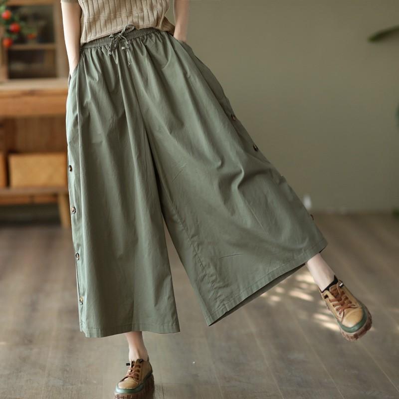 Johnature Women Vintage Loose Spring Wide Leg Pants Elastic Waist Cotton Belt Pockets Trouser Casual Pants