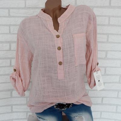 Cotton Linen Women Blouses Solid White Blue Stand Neck Blouse Spring Autumn Loose Shirts Plus Size Pocket Tops