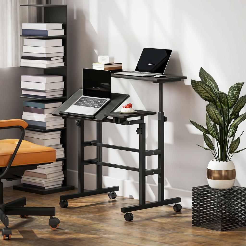 Sit-Stand Desk, Height-Adjustable, 70 x 60 cm, on Casters, Tilting Top, Black Metal Frame