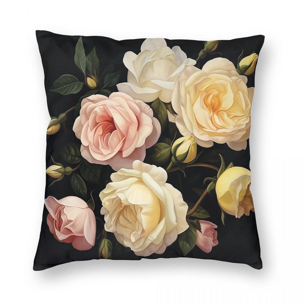 Pink Pastel Roses On Black Square Pillowcase Polyester Linen Velvet Creative Zip Decorative Home Wholesale x