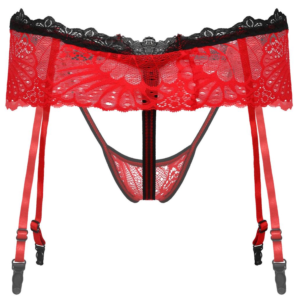 Tanga cu fustă din dantelă pentru bărbați, portjartier reglabil, design decupat, bandă elastică în talie, lenjerie sissy T-back fără întrepicior