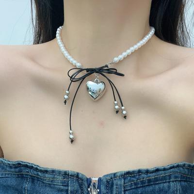Versatile Sweet Ins Sweet Cool Wind Metal Love Pendant Ribbon Bow Pearl Necklace Earrings Collarbone Chain Women