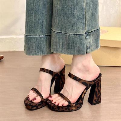 High-value Leopard Print High Heels Fashionable Waterproof Table with Sandals Women's Outer Wear 2025 Summer New Cool Slippers