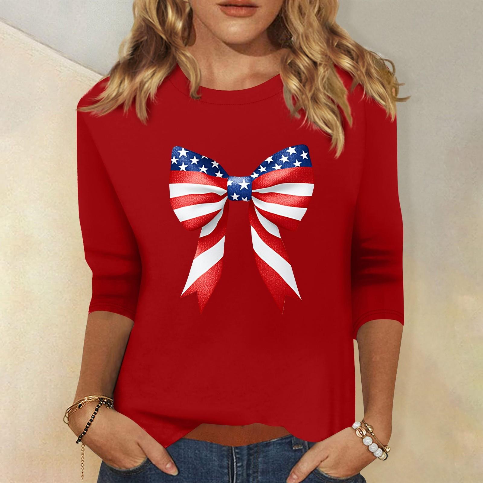 Женская мода, повседневная свободная футболка с принтом на День независимости и круглым вырезом, рукав 3/4, женский топ XL красный
