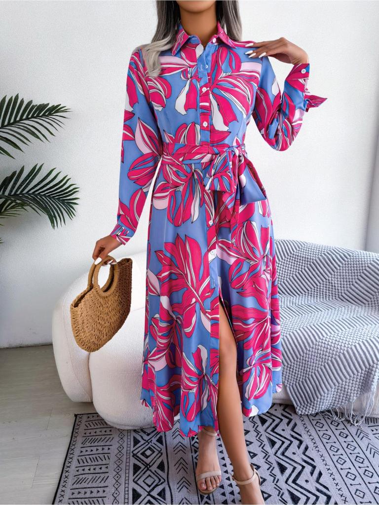 Abito Stampato con Colletto Revers Bottoni Vita Alta Elegante Abito Camicia per Donna Manica Lunga Abiti Ampi Abito Casual