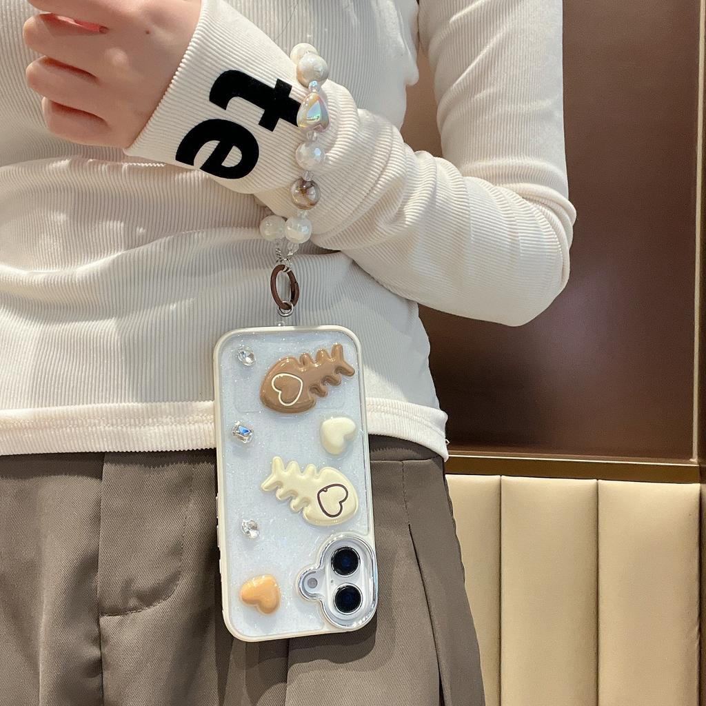 For iPhone 16 Case with Strap Glitter Heart Double Fishbone Epoxy PC TPU Phone Cover