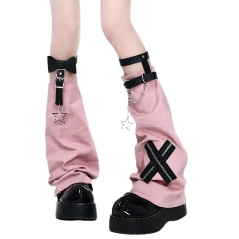 Aesthetic Vintage Crosses Stitched Leg Warmer for Women Harajuku Streetwear Punk Leather Buckle Garters Leg Sleeve Cover