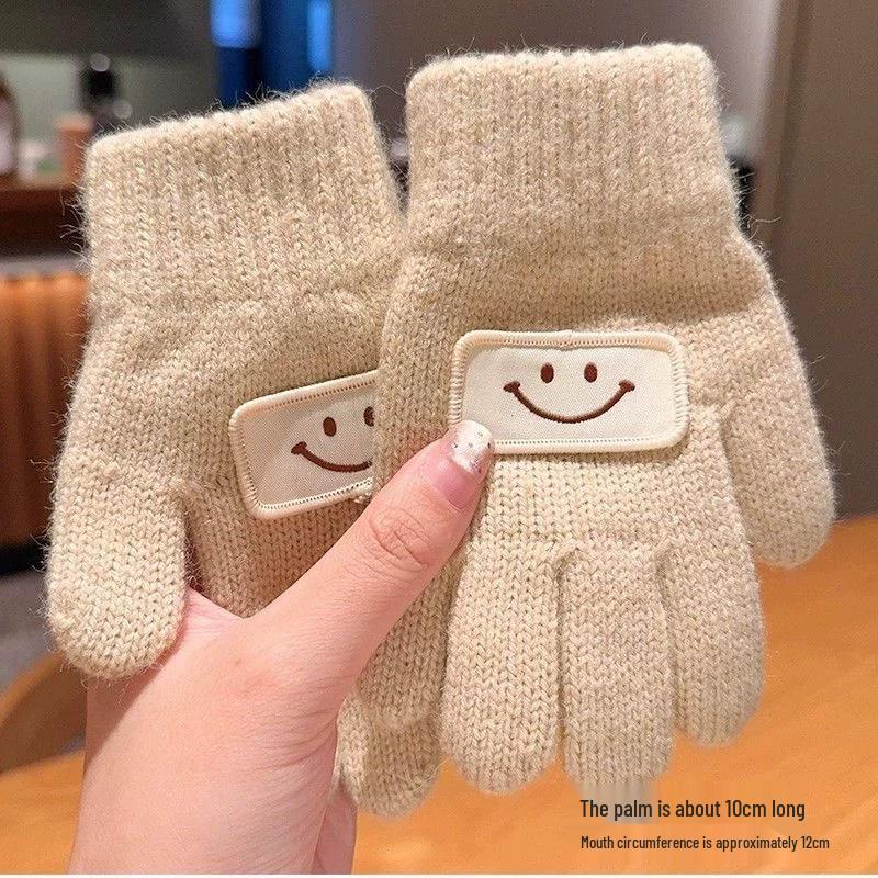 Korean Style Kids' Woolen Knit Five-Finger Gloves with Smiley Face for Autumn/Winter Warmth