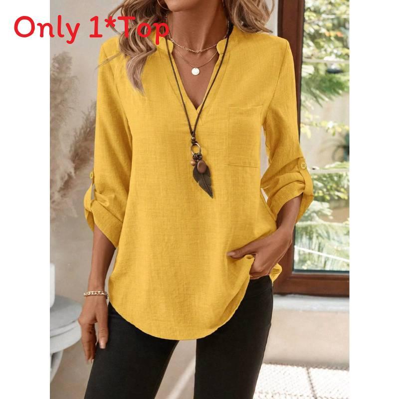 Womens Casual Cotton Linen Blouse With Pockets And Vneck For Summer
