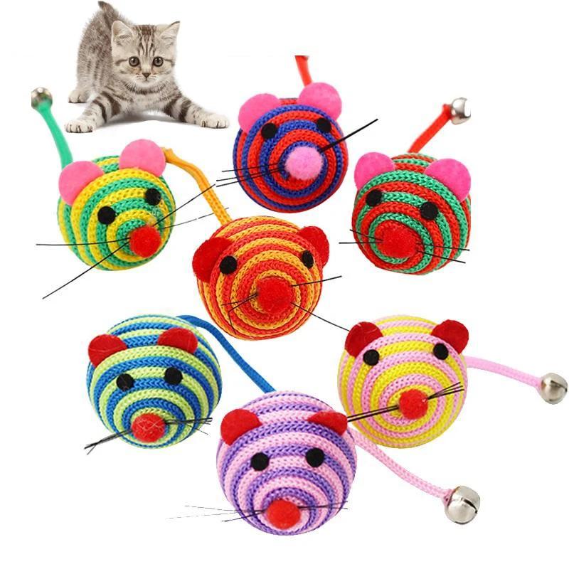 3/5/7pc Pet Cat Toy Stripe Nylon Rope Round Ball Mouse with Bell Pet Cat Chew Toy Cat Toy Interactive Mouse Ball Pet Product