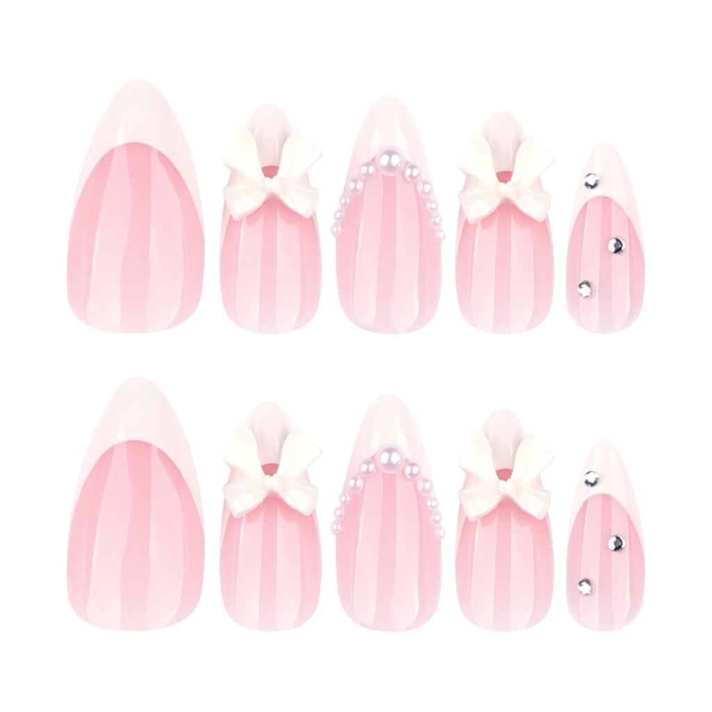 24 Pieces Sweet, Hot Selling Almond Nail Pieces, French White Fake Nails, White Bow Pearl Wearing Nail
