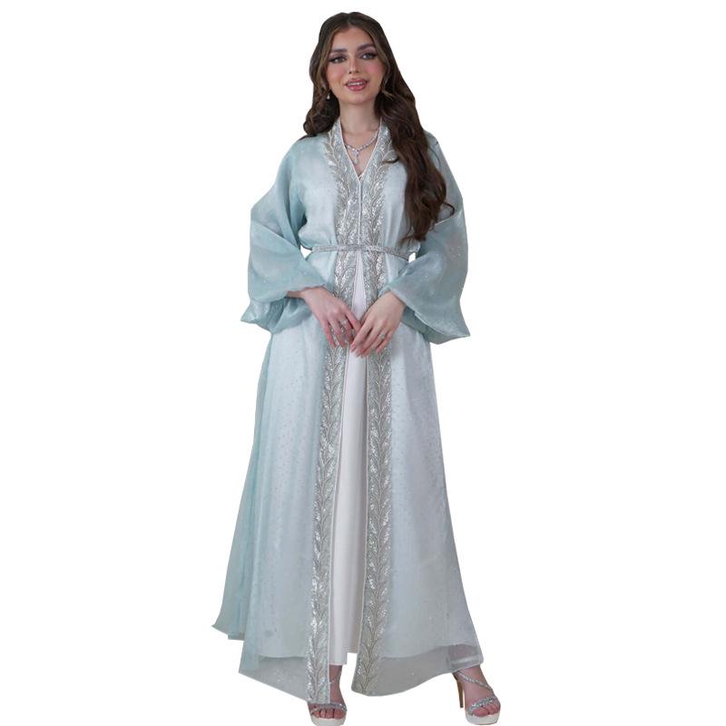 AB453 Puff Sleeve Cardigan: Elegant Long Dress & Robe Set with Hot Drill Accents
