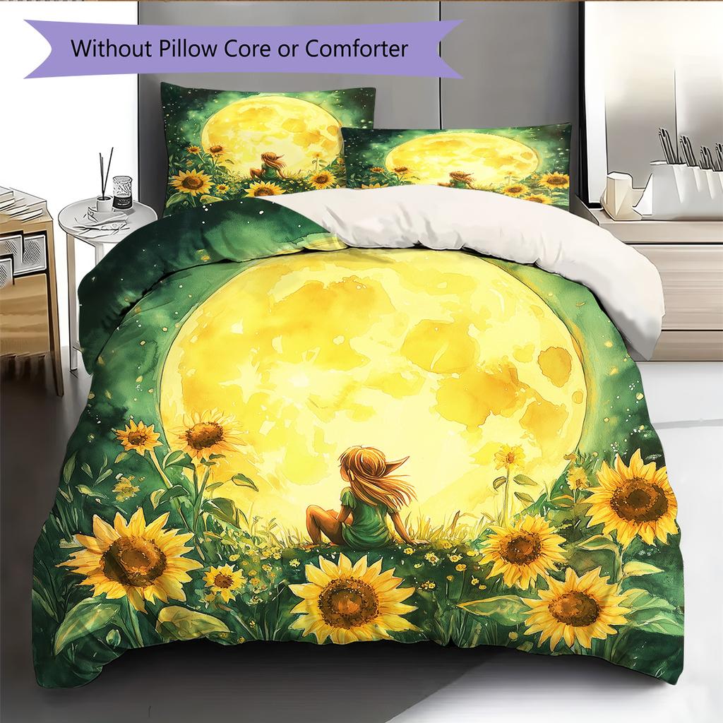 Watercolor Sunflower Pattern Bedding Quilt Set Home Decoration Gift (1 * duvet cover + 2 * pillowcase without core)