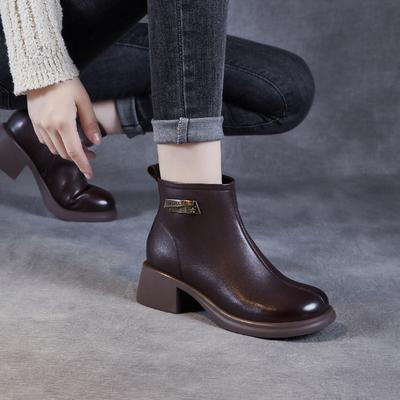 Kurzstiefel - Neuer Herbst-Winter-Stil - Weicher Stiefelette mit mittelhohem Absatz, runder Spitze und dickem Absatz - Lederschuhe