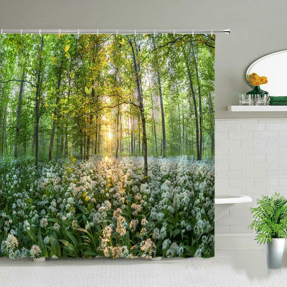 Dream Arch Door Forest Scenery Shower Curtains Ocean Beach Green Leaf Lavender Hot Air Balloon Wolf Bathroom Screen Bath Curtain