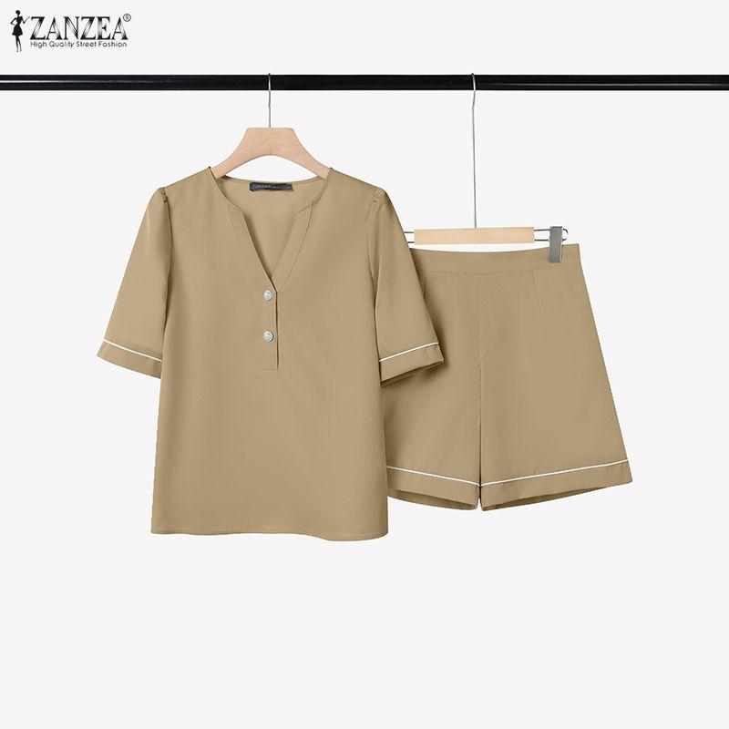 ZANZEA Women Short Sleeve Blouse and Shorts Summer Two Piece Suit Sets