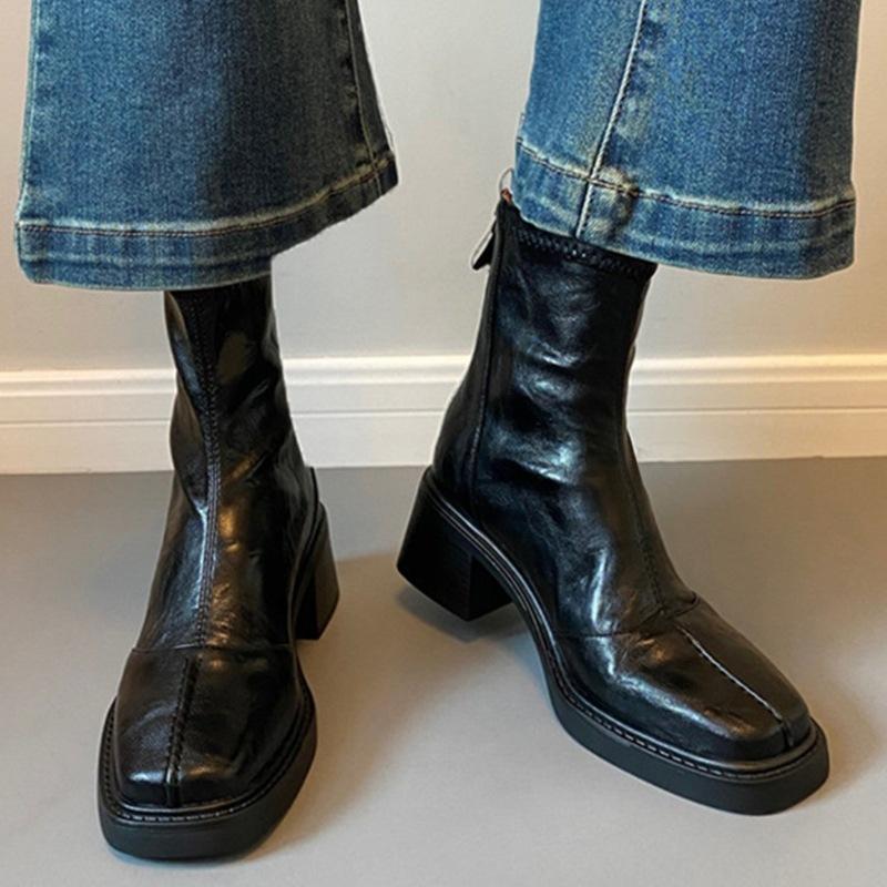 Leather retro high-heeled short boots women`s