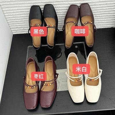 French Square Head Mary Jane Shoes Women's Shoes 2025 Autumn Fashion New Retro Word Shallow Mouth Single Shoes Leather Shoes Black