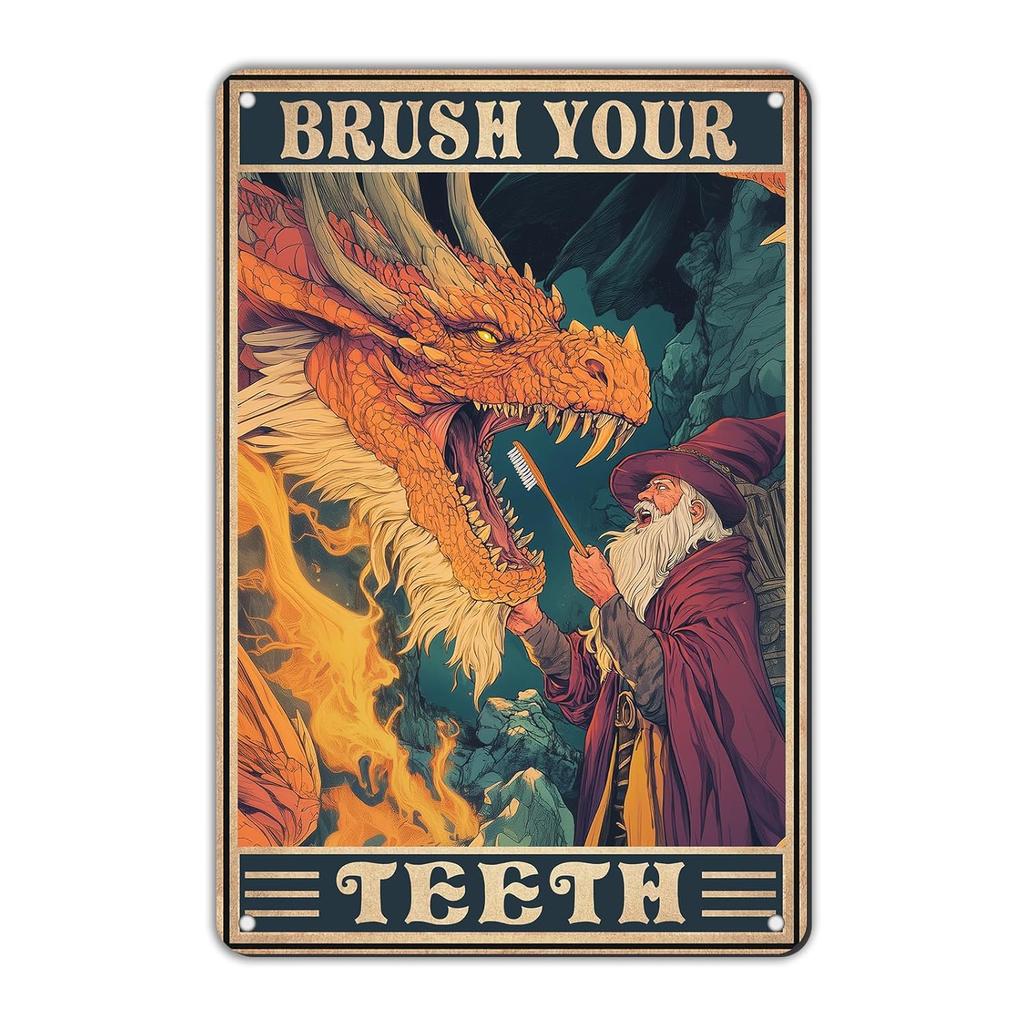 GJXFTPTTBDDragonToothTinSign GJXFTPTTBD Vintage Dragon Tin Sign 12*8in - Brush Your Teeth Retro Metal Art, Bathroom Wall Decor