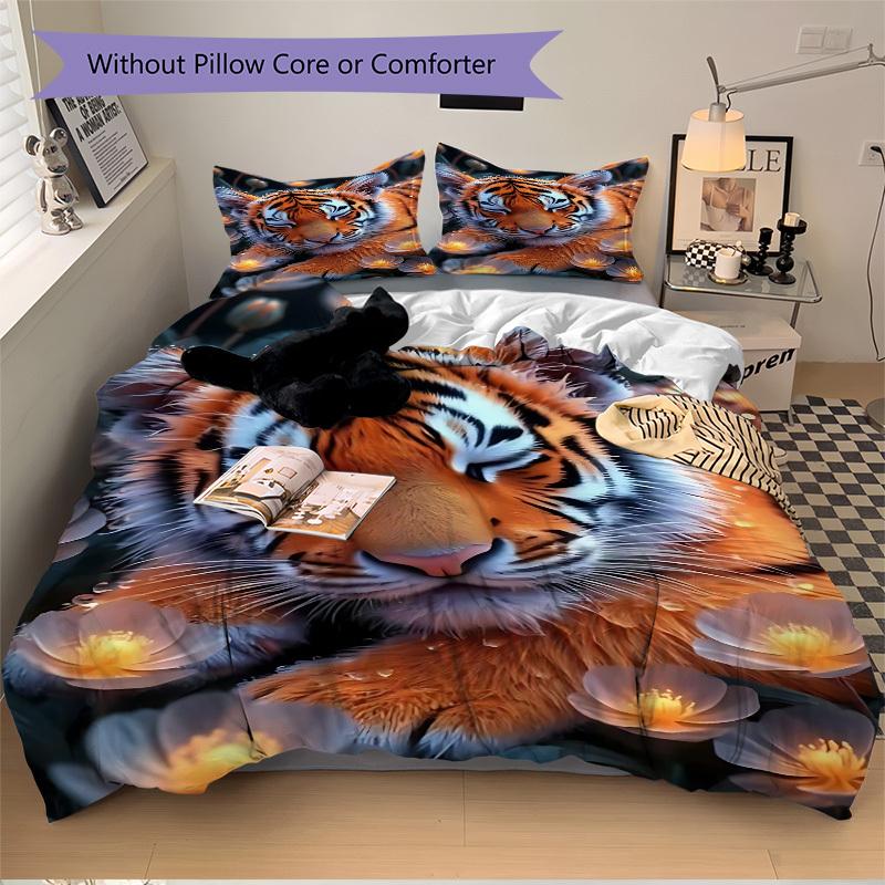 3pcs Tiger Floral Print Duvet Cover Set - Includes 1 Duvet Cover and 2 Pillowcases, No Quilt Core, All-Season Home Decor Yy251111057