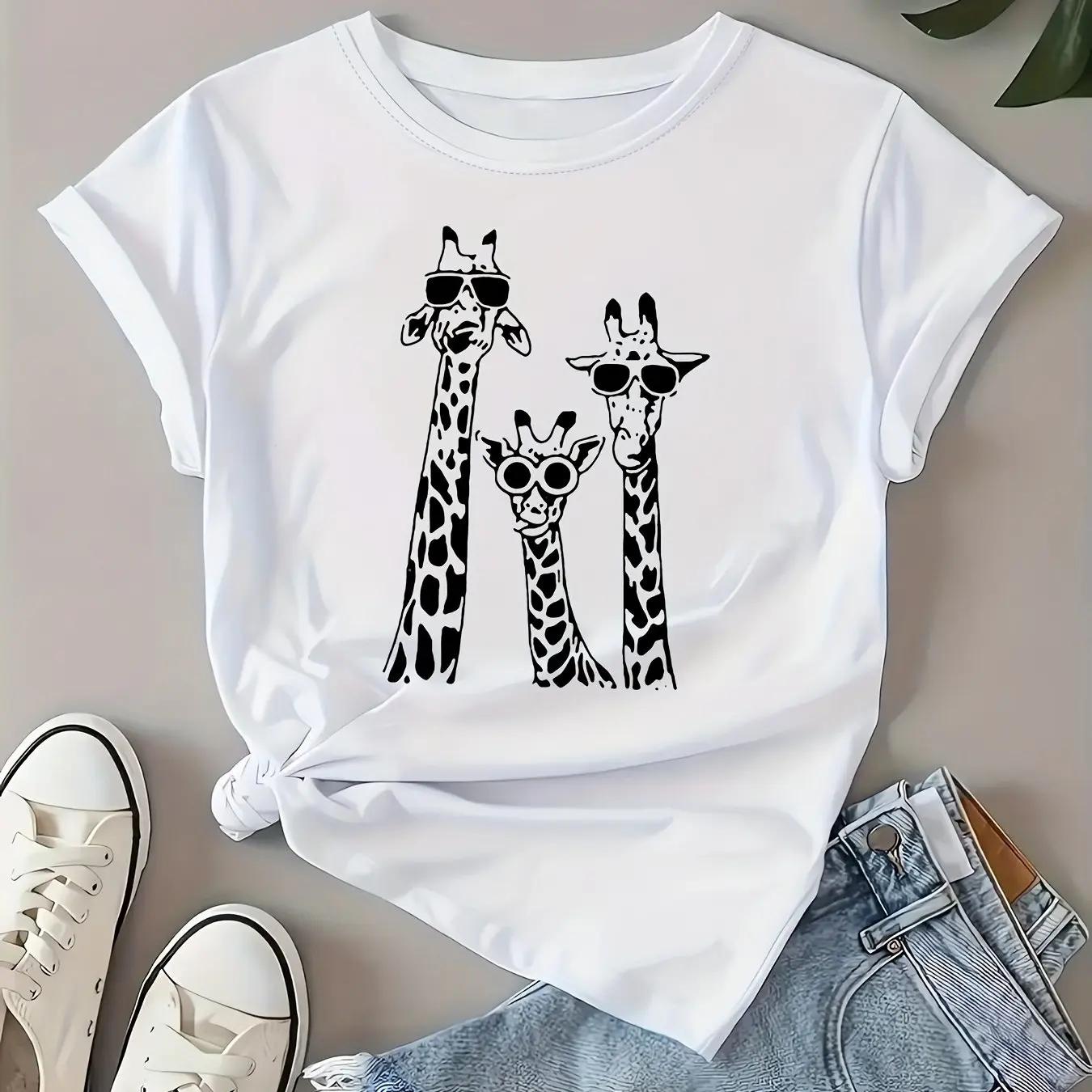 

Принт «Семья жирафов» Милая футболка с круглым вырезом и коротким рукавом Топ для весны и лета Женская одежда y2k топ женская одежда L