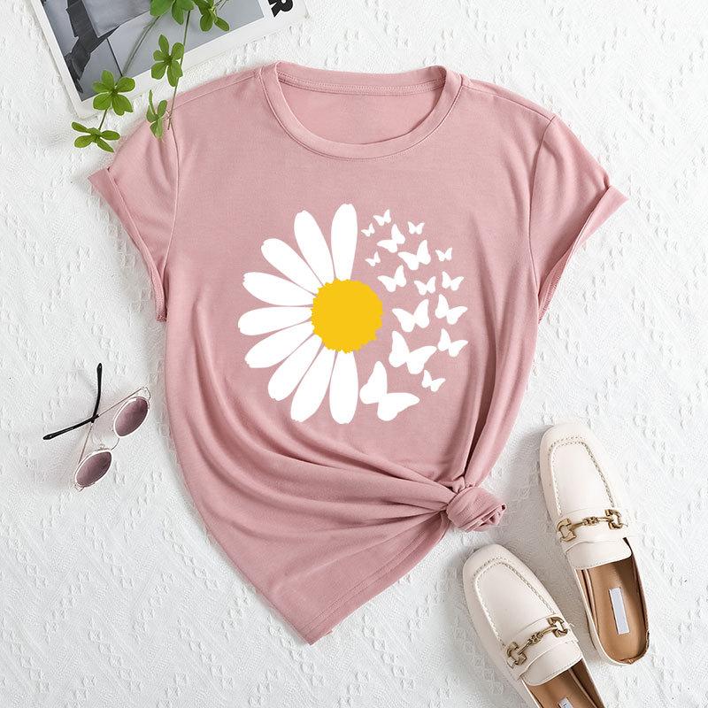 Summer Women's Daisy Butterfly Print Loose Round Neck Casual Pure Cotton Short Sleeved T-shirts Women's