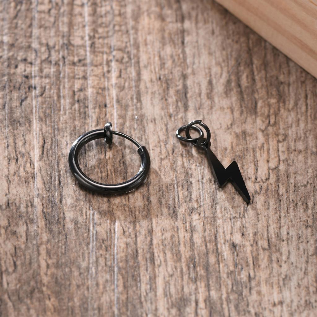 Orecchini a Cerchio Huggie Fulmine Nero, Orecchini Fulmine in Acciaio Inossidabile