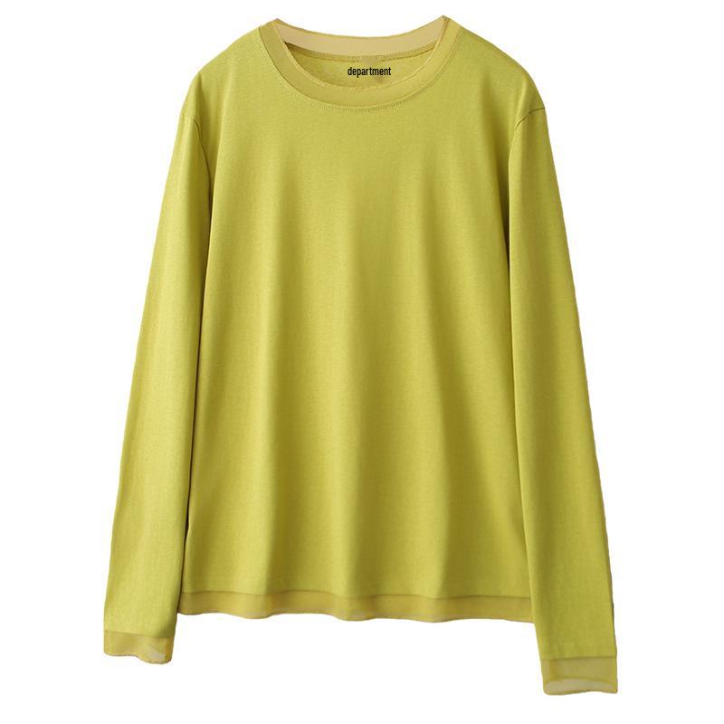 2026 Spring Plus Size Women's Mesh Splicing Long Sleeve Round Neck Base Layer Top for Chubby Girls