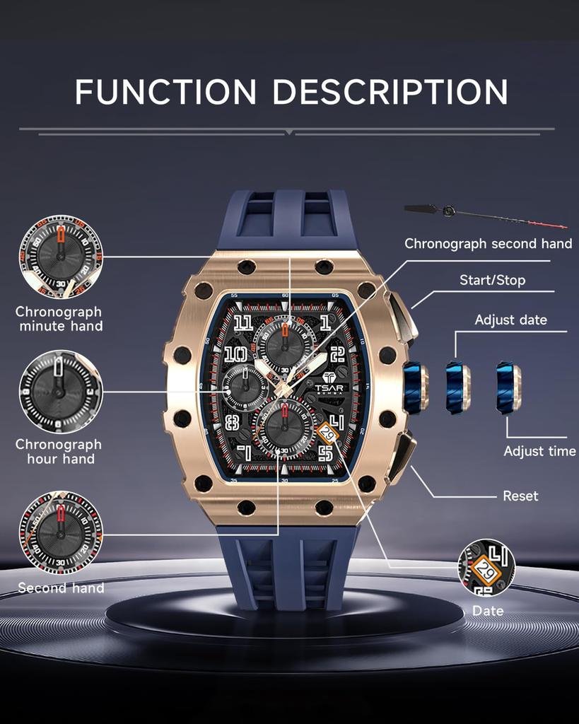 TSAR BOMBA Men's Skeleton Mechanical Automatic Watch Ceramic Japanese Movement Tonneau Silicone Strap 50M Water Resistant Luminous Luxury Business