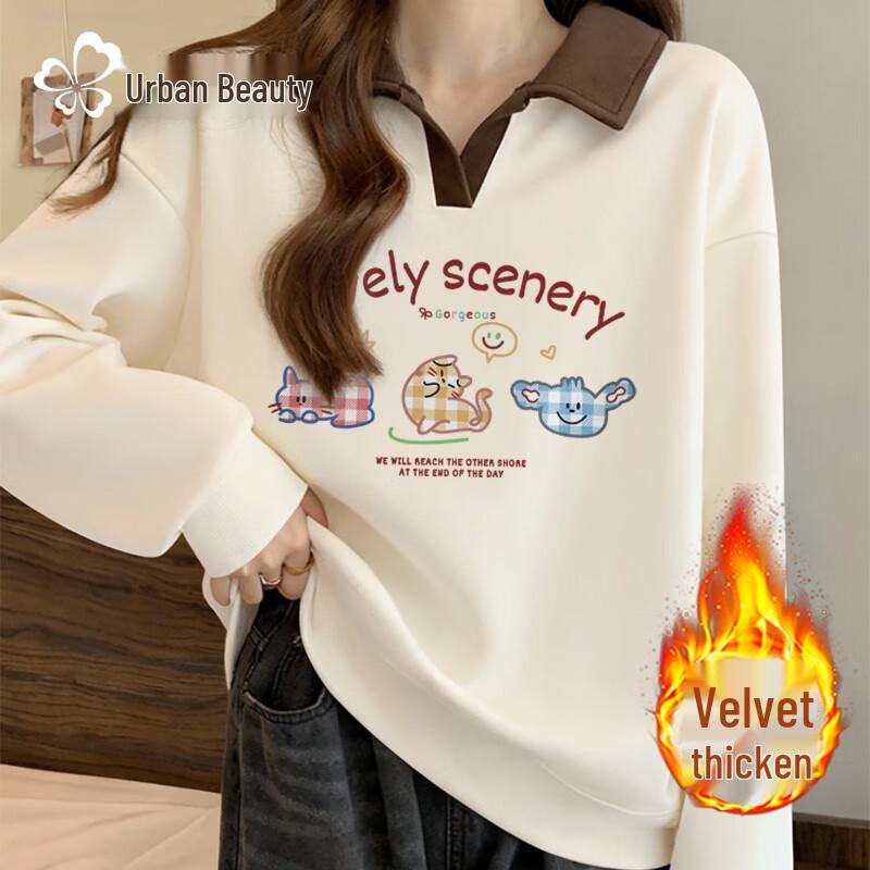 

Women s Korean Polo Collar Fleece Sweatshirt M