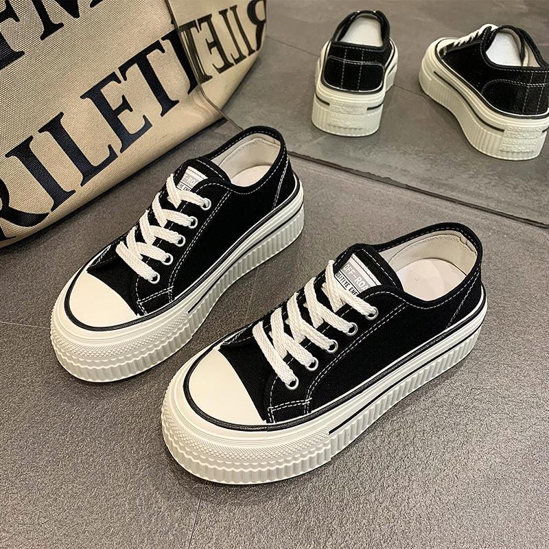 New Women'S Black Platform Canvas Sneakers Lace-Up Comfortable Shoes Fashion Outdoor Multi-Functional Sports Canvas Shoes