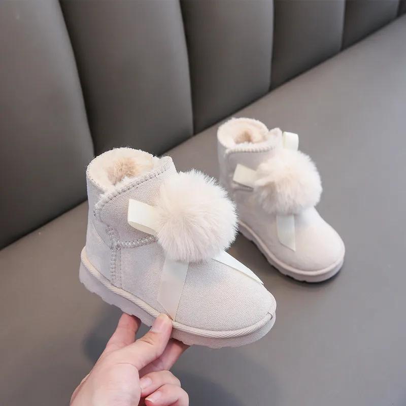 Cute Princess Shoes Girls with Hairball Kids Girl Fur Shoes Warm Baby Girl Boots Ribbons Pompom Winter Short Boots Pupils G06283