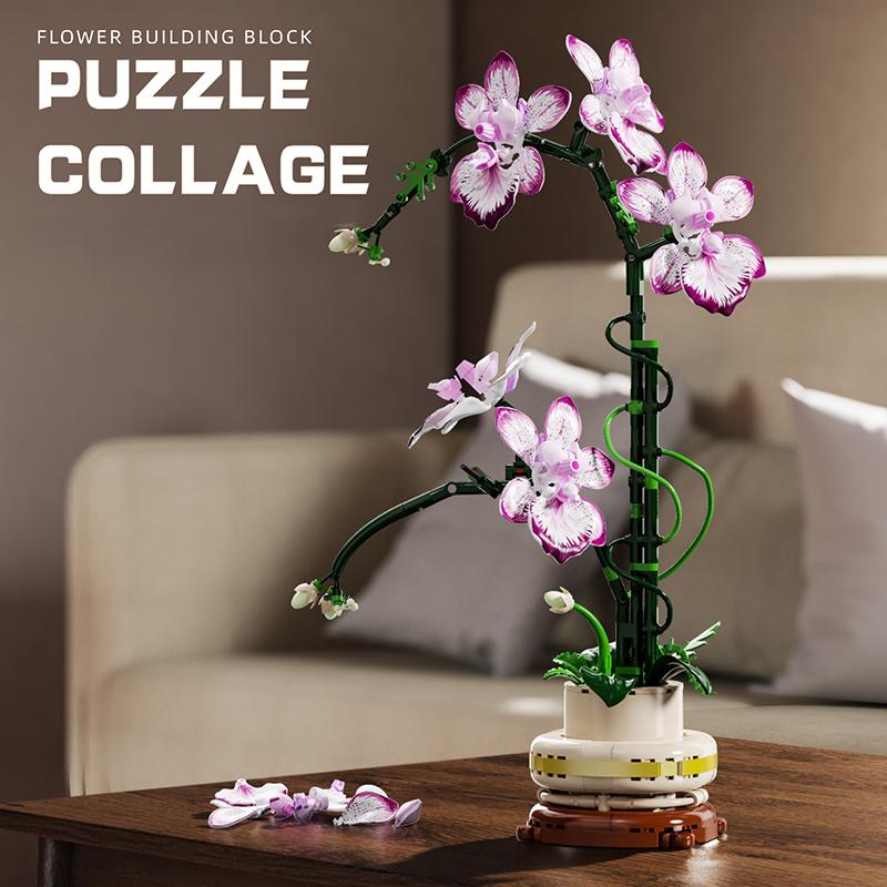 696PCS Orchid Flower Building Blocks Preserved Flower Vase Model Bricks Desktop Ornaments Kids Educational DIY Toy Holiday Gifts