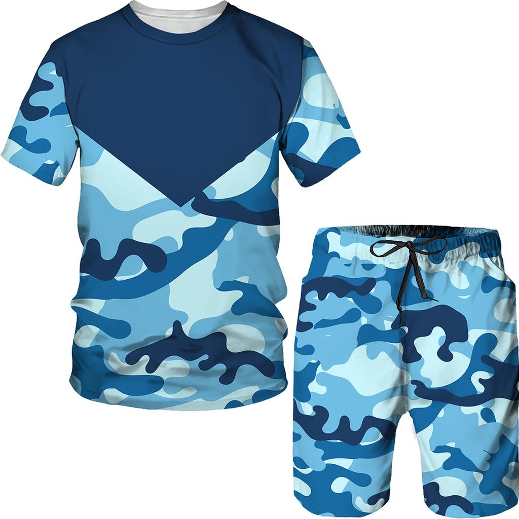 Set cu imprimeu camuflaj de vară Costum Hip Hop Harajuku Sport 2 piese Îmbrăcăminte sport supradimensionată Tricou Pantaloni scurți de plajă Ținute Haine pentru bărbați