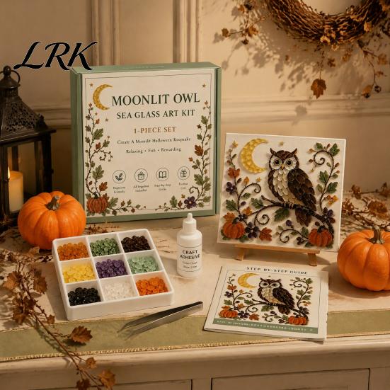Easy Craft Kit for Beginners Halloween Sea Glass Art DIY Kit, Ghost Black Cat Owl Raven Pumpkin Creative Journey Gift Set Mosaic Set, Beginner