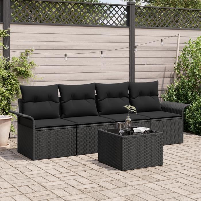 Ensemble de canapé de jardin 5 pièces avec coussins Noir Poly Rotin, Canapé de jardin 2 places avec rangement et coussins 3353902