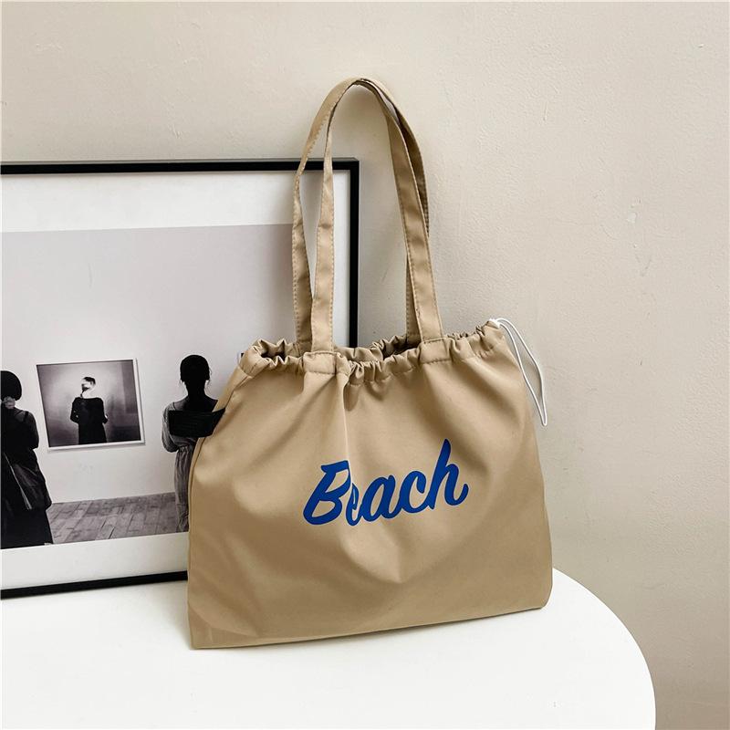 Lazy Wind Letter Shoulder Bag Women's Casual Versatile Drawstring Bundle Tote Bag Nylon Cloth Student Tote Bag