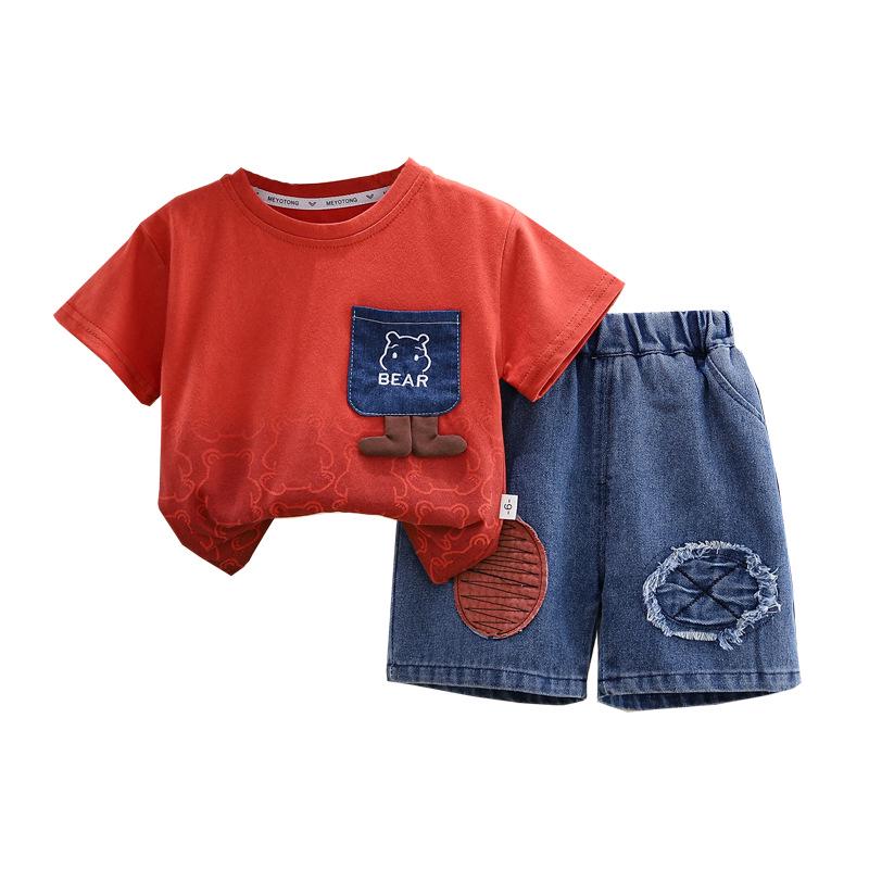 Boys' Summer Denim Shorts & T-Shirt Set - Kids' Casual Crew Neck Two-Piece Outfit