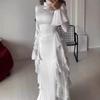 Womens Fall Winter Flared Lace Sleeve High Waist Slim Maxi Dress