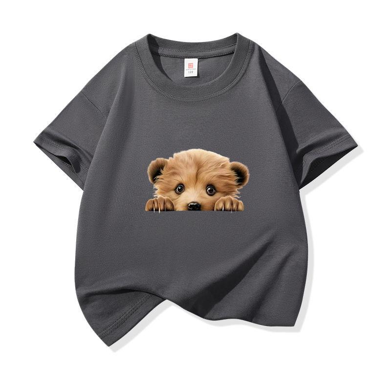 Kids Cotton T Shirt Cute Peeking Bear Cub Print Crew Neck Short Sleeve Tee Casual Breathable Boys Girls Summer Tops