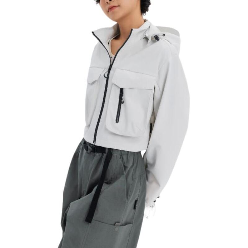 Decathlon Urban Function Hooded Zipper Long Sleeve Short Cargo Multi-Pocket Jacket Women's Pearl Off-White
