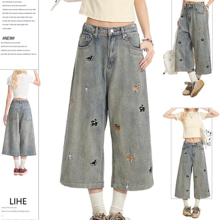 Women's Slimming Plus Size Embroidered Denim Capri Pants - Summer 2025 Wide-Leg Design for Pear-Shaped Body