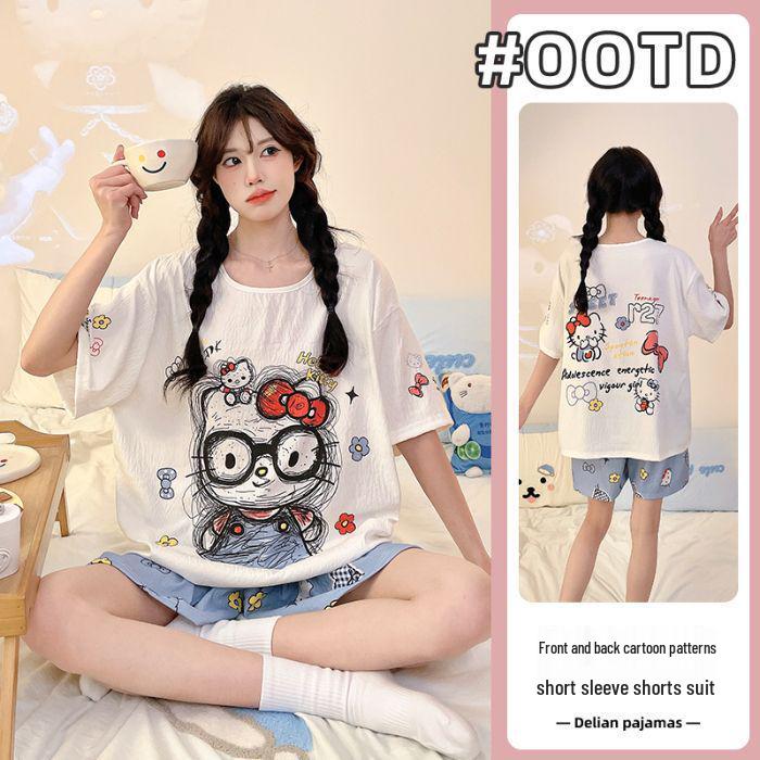 Women s Cloud Cotton Short Sleeve Pajama Set - Cute Cartoon Design, Round Neck, Lightweight, Wearable Outdoors XXL - Extra Extra Large