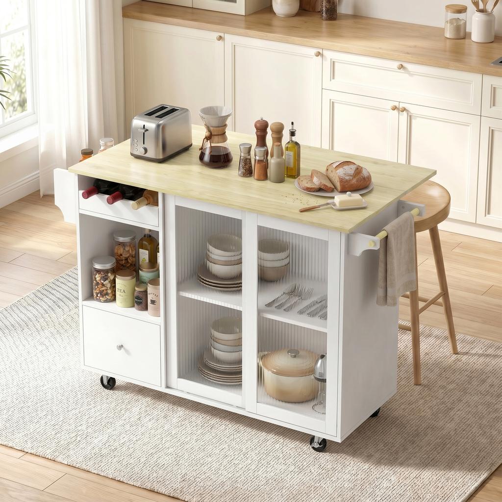 Kitchen Island with Folding Countertop, Bottle Rack, White and Oak