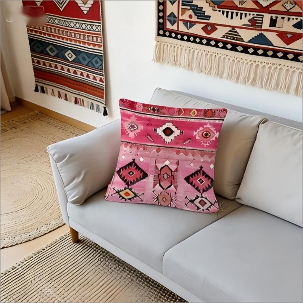 Boho Moroccan Pillow Cover Vintage Hot Pink Geometric Pattern Soft Throw Pillow Case For Ethnic Bohemian Home Sofa Decor Gift