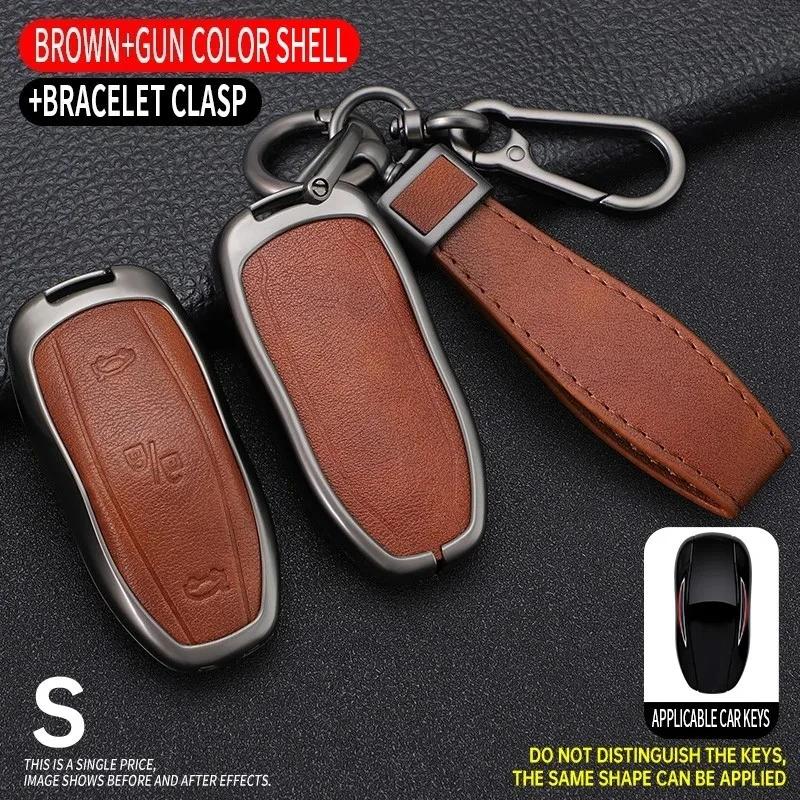 Zinc Alloy+ Leather Car Smart Key Cover Case Shell Fob For Tesla Model 3 Model Y X S Key Shell Bag Holder Protector Accessorie