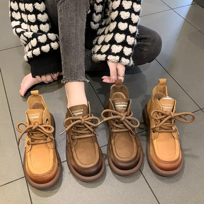 Autumn New Vintage Women's Spring British All-in-One Comfortable Round Toe Lace-Up Boots